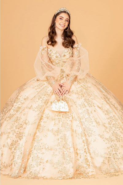 Glitter Print Puff Sleeve Ball Gown by Elizabeth K GL3071 - XS / Gold - Quinceanera Dresses