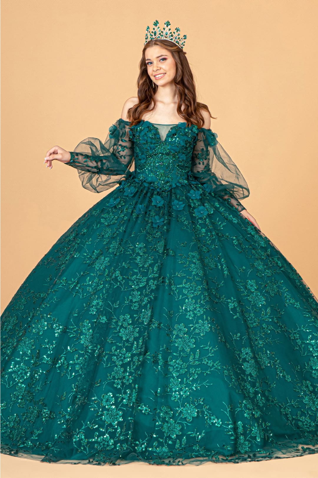 Glitter Print Puff Sleeve Ball Gown by Elizabeth K GL3071 - XS / Green - Quinceanera Dresses