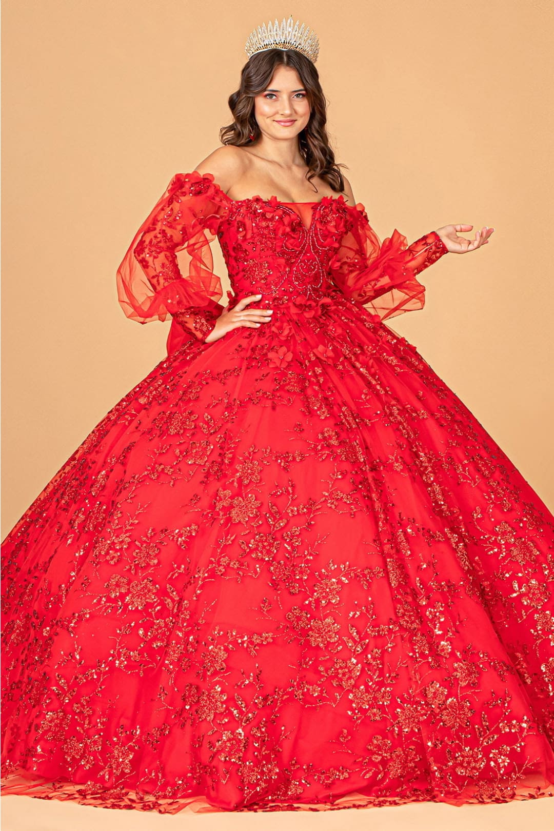 Glitter Print Puff Sleeve Ball Gown by Elizabeth K GL3071 - XS / Red - Quinceanera Dresses
