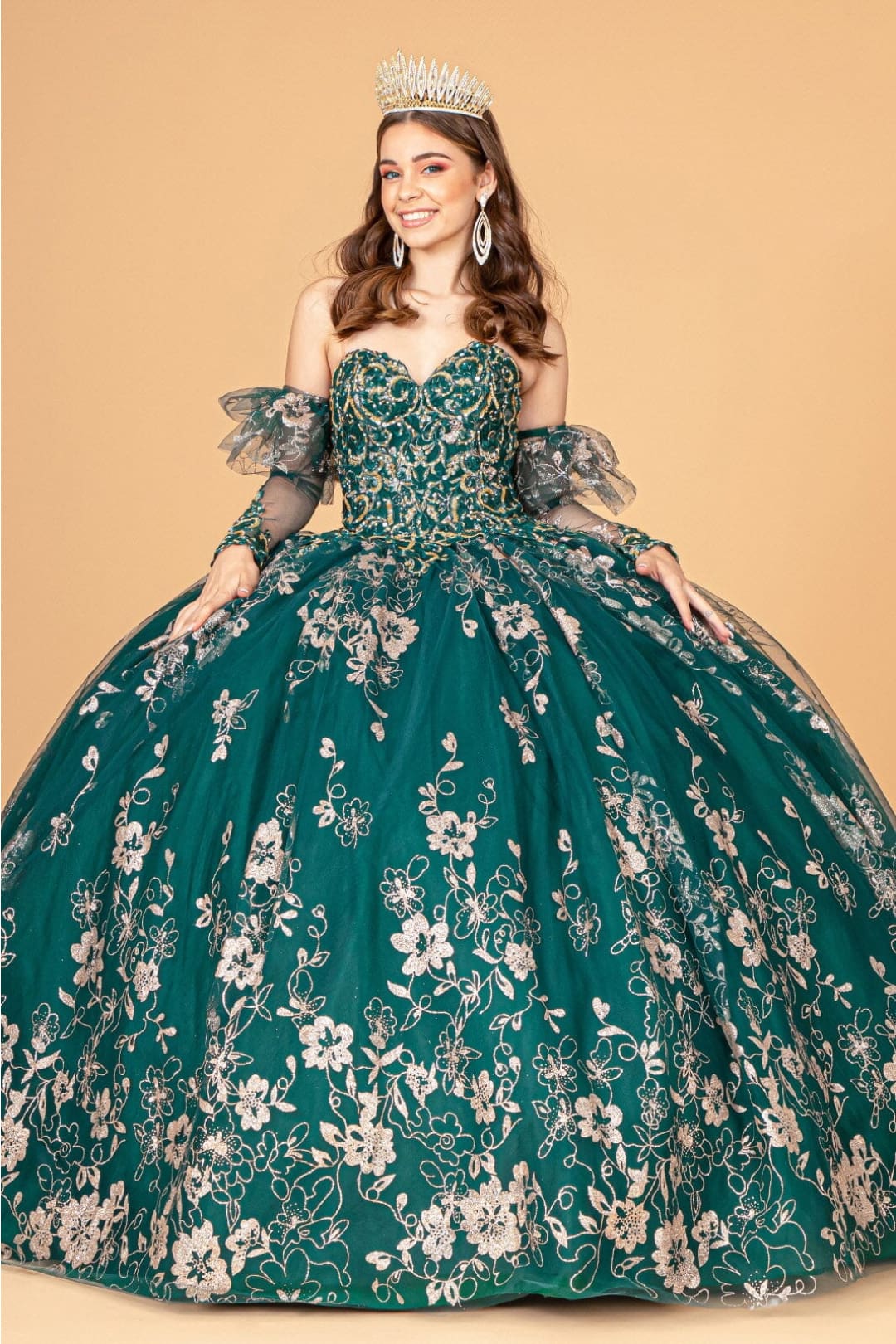 Glitter Print Strapless Ball Gown by Elizabeth K GL1944 - XS / Emerald Green - Quinceanera Dresses