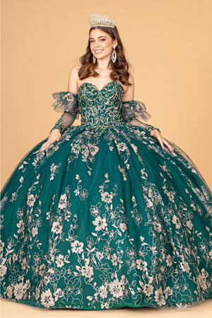 Glitter Print Strapless Ball Gown by Elizabeth K GL1944 - XS / Emerald Green - Quinceanera Dresses