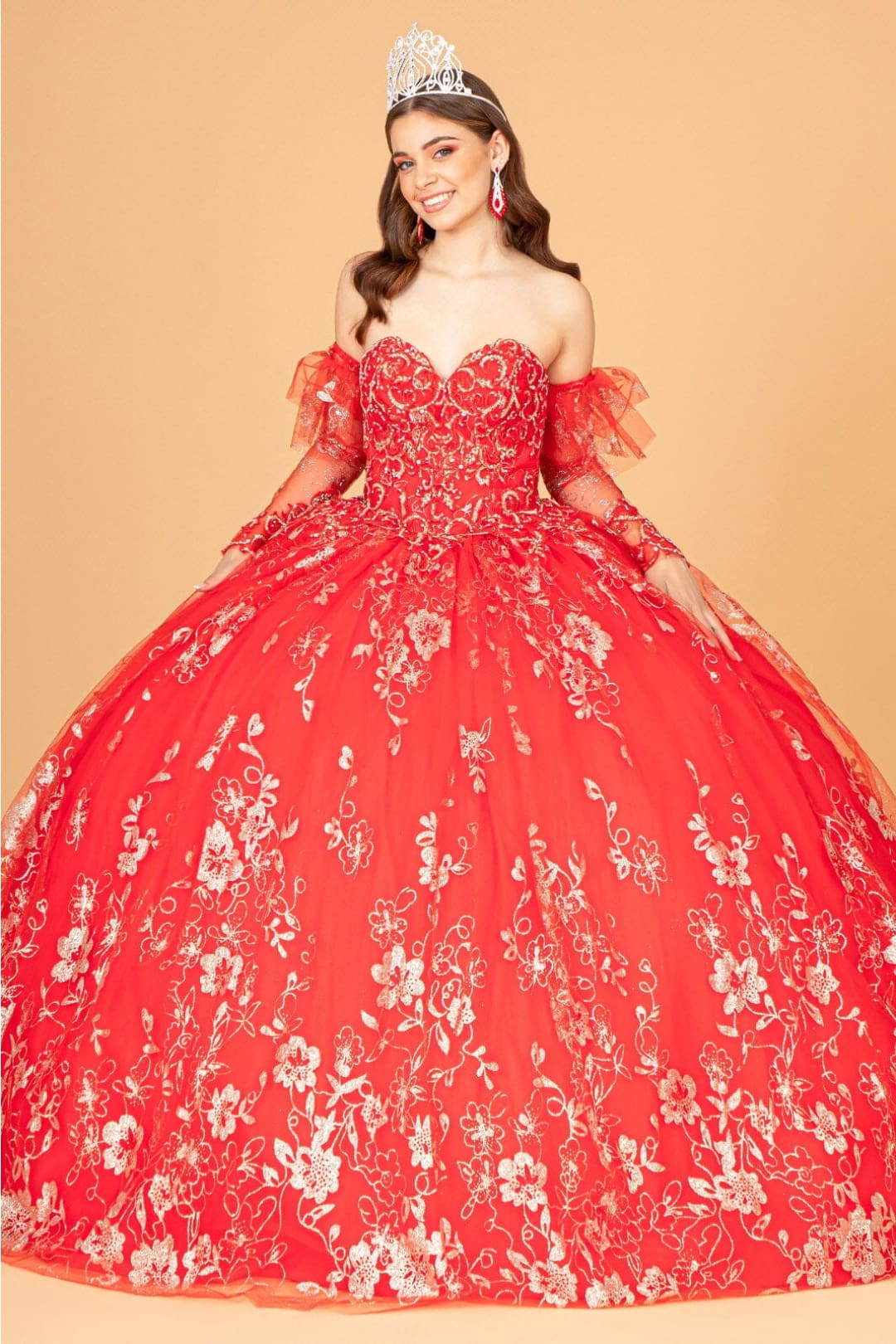 Glitter Print Strapless Ball Gown by Elizabeth K GL1944 - XS / Red - Quinceanera Dresses