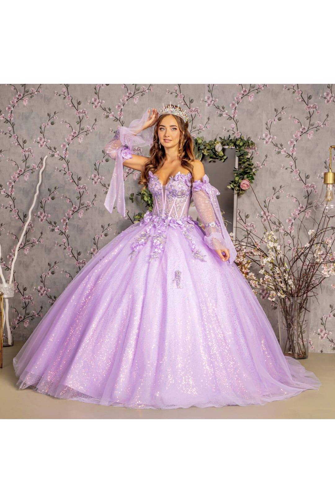 Glitter Strapless Bell Sleeve Ball Gown by GLS Gloria GL3486 - Quinceanera Dresses