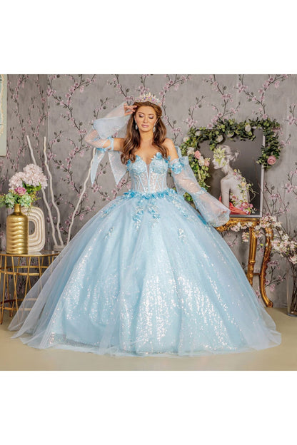 Glitter Strapless Bell Sleeve Ball Gown by GLS Gloria GL3486 - Quinceanera Dresses