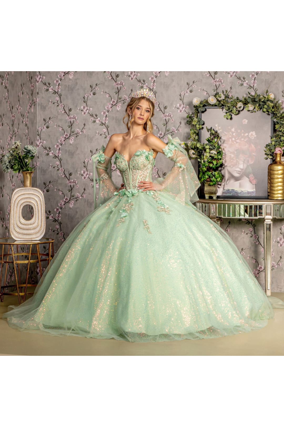 Glitter Strapless Bell Sleeve Ball Gown by GLS Gloria GL3486 - Quinceanera Dresses