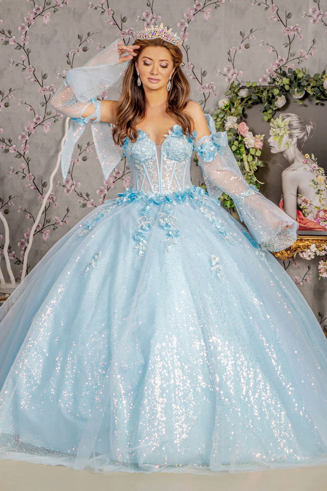 Glitter Strapless Bell Sleeve Ball Gown by GLS Gloria GL3486 - XS / Baby Blue - Quinceanera Dresses