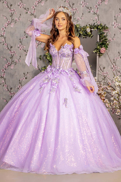 Glitter Strapless Bell Sleeve Ball Gown by GLS Gloria GL3486 - XS / Lilac - Quinceanera Dresses