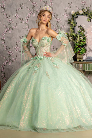 Glitter Strapless Bell Sleeve Ball Gown by GLS Gloria GL3486 - XS / Sage - Quinceanera Dresses