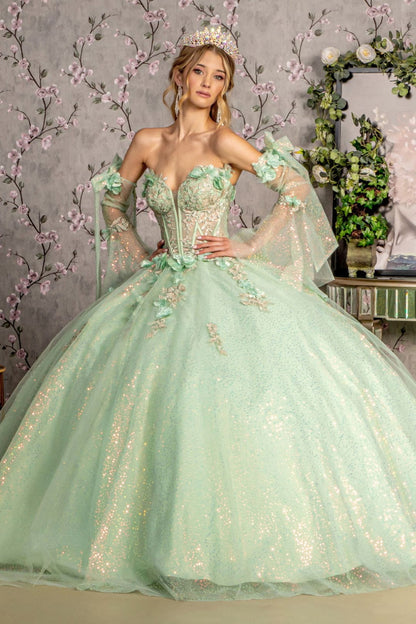 Glitter Strapless Bell Sleeve Ball Gown by GLS Gloria GL3486 - XS / Sage - Quinceanera Dresses