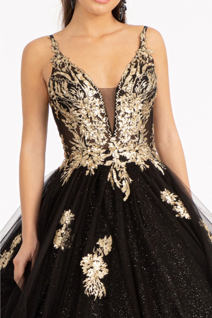 Black & Gold Quinceanera Dress Illusion Ball Gown by Elizabeth K GL3021