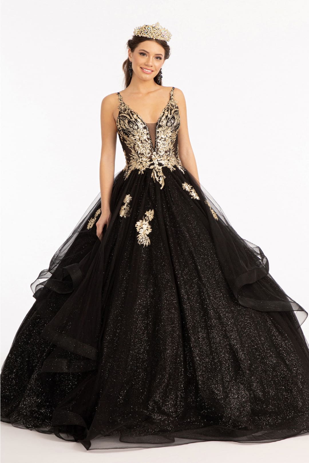 Glitter V-Neck Ball Gown by Elizabeth K GL3021 - XS / Black - Quinceanera Dresses