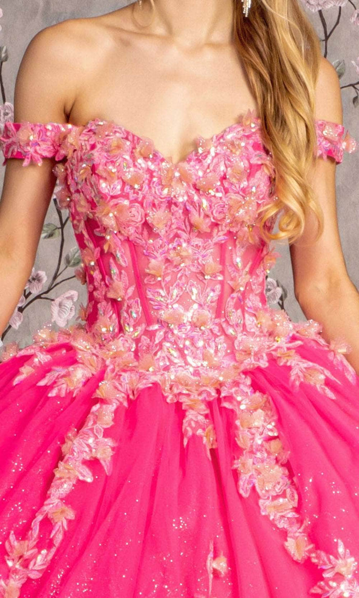 Off Shoulder Quinceañera Ball Gown Glitter Tulle Floral Sweetheart Dress by GLS Gloria GL3469