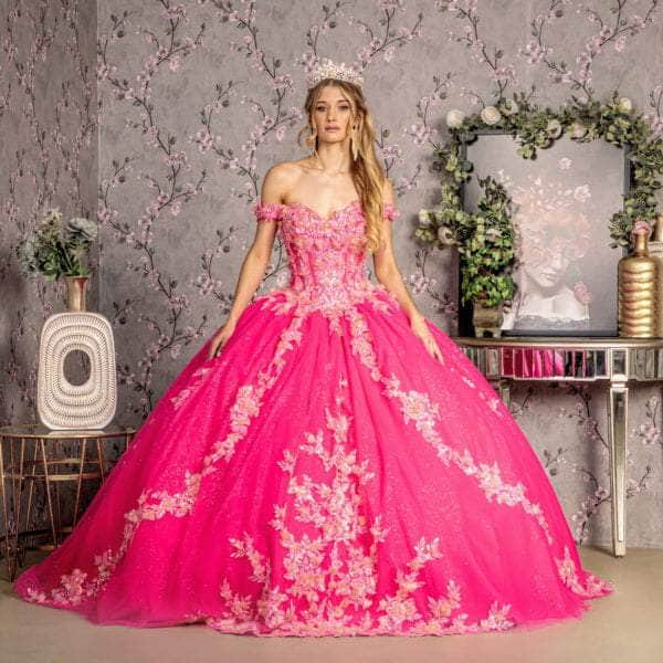 Off Shoulder Quinceañera Ball Gown Glitter Tulle Floral Sweetheart Dress by GLS Gloria GL3469