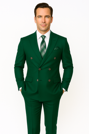 Mens Designer Modern Fit Double Breasted Wool Suit with Gold Buttons in Hunter Green