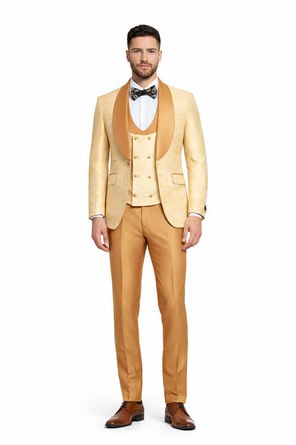 Gold Paisley 3-Piece Skinny Fit Suit – Wide Shawl Lapel with Matching Bow Tie