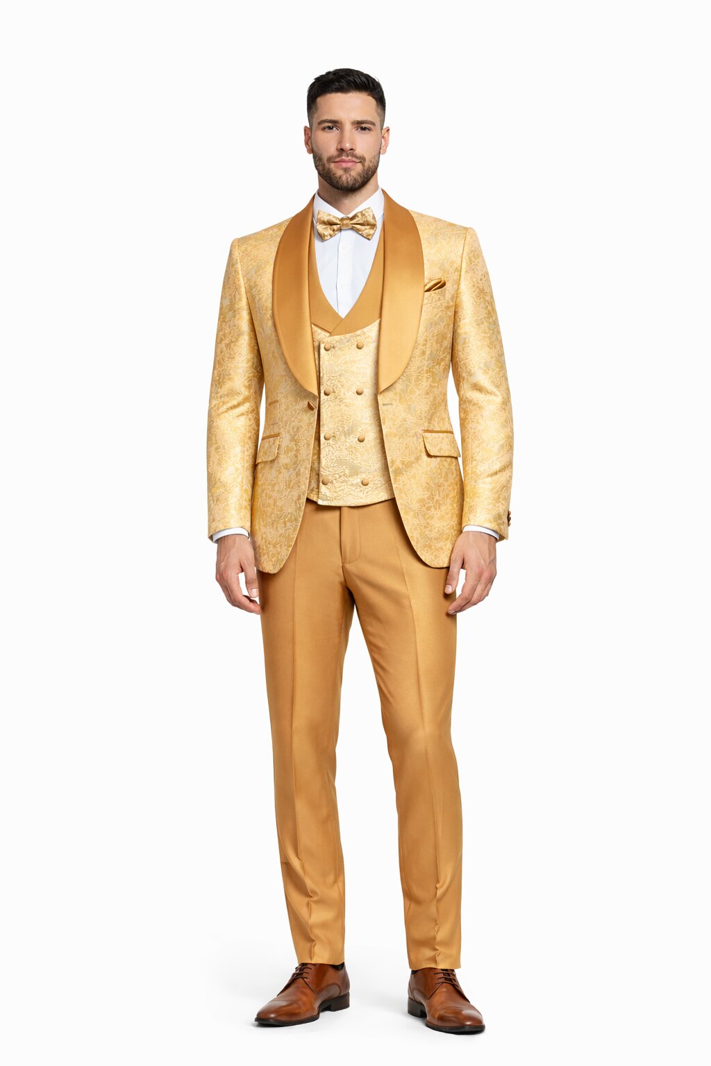 Gold Paisley 3-Piece Skinny Fit Suit – Wide Shawl Lapel with Matching Bow Tie