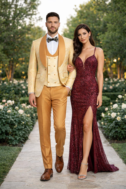 Gold Paisley 3-Piece Skinny Fit Suit – Wide Shawl Lapel with Matching Bow Tie