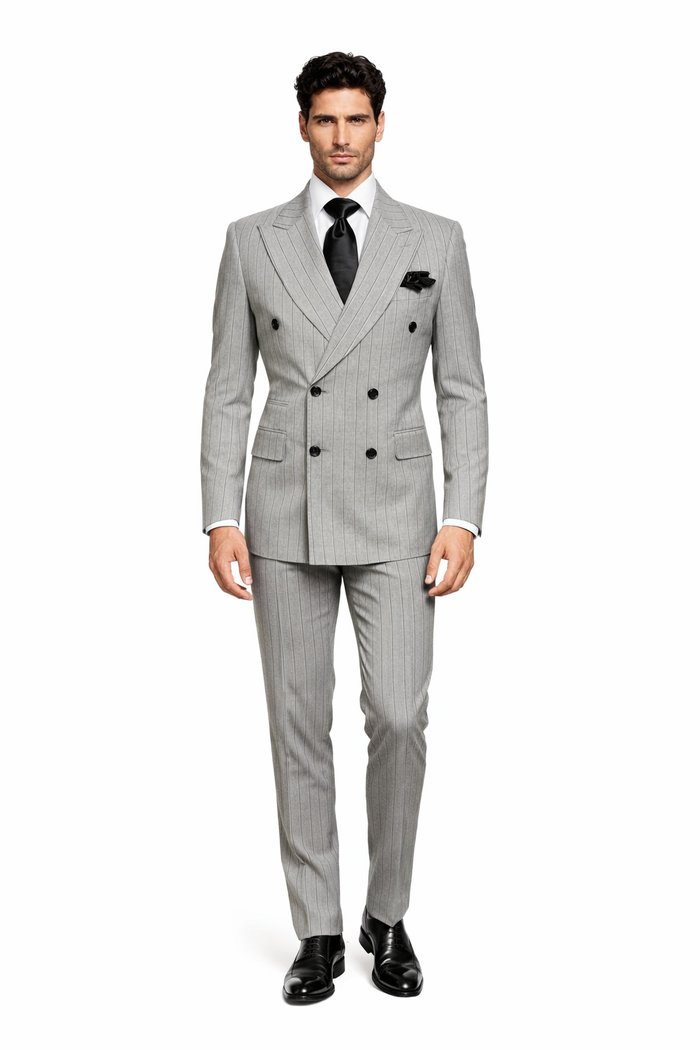 Gray and Black Pinstripe Double Breasted - Modern Fit 1920s Vintage Looking Suit