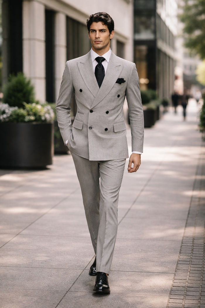 Gray and Black Pinstripe Double Breasted - Modern Fit 1920s Vintage Looking Suit