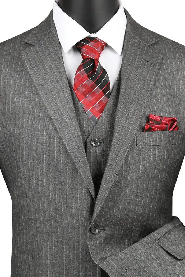 Gray Fine Pinstripe Mens Suit 3 Piece Regular Fit Vinci V2RS-7