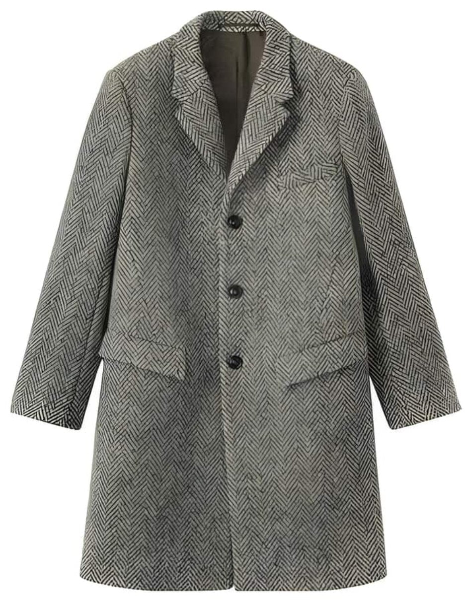 Herringbone Tweed Wool Gray ~ Grey Top Coat ~ Overcoat Three Button - Mens Topcoat