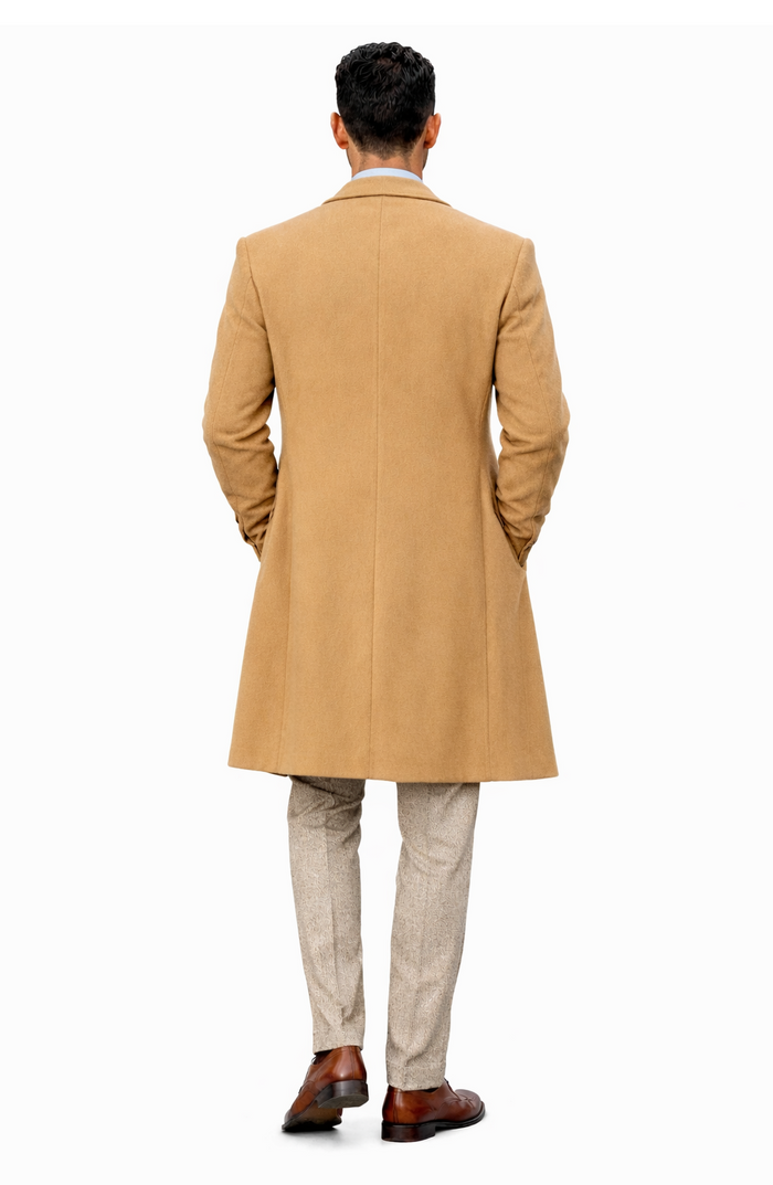 Great Gatsby Package -  Mens Camel Overcoat with Beige Tweed 3-Piece Suit Combo 4 Items Formal Winter Outfit