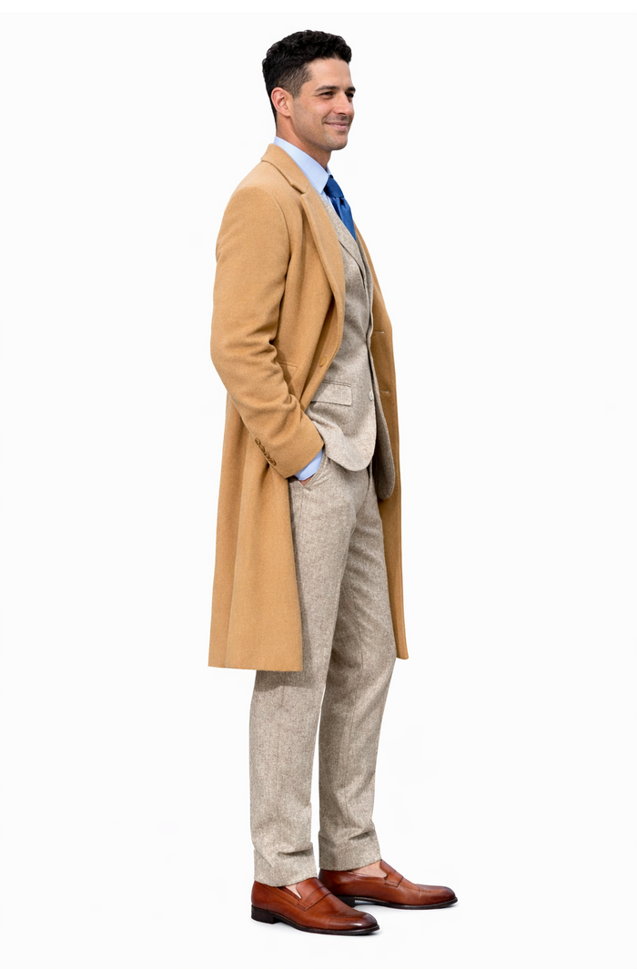 Great Gatsby Package -  Mens Camel Overcoat with Beige Tweed 3-Piece Suit Combo 4 Items Formal Winter Outfit