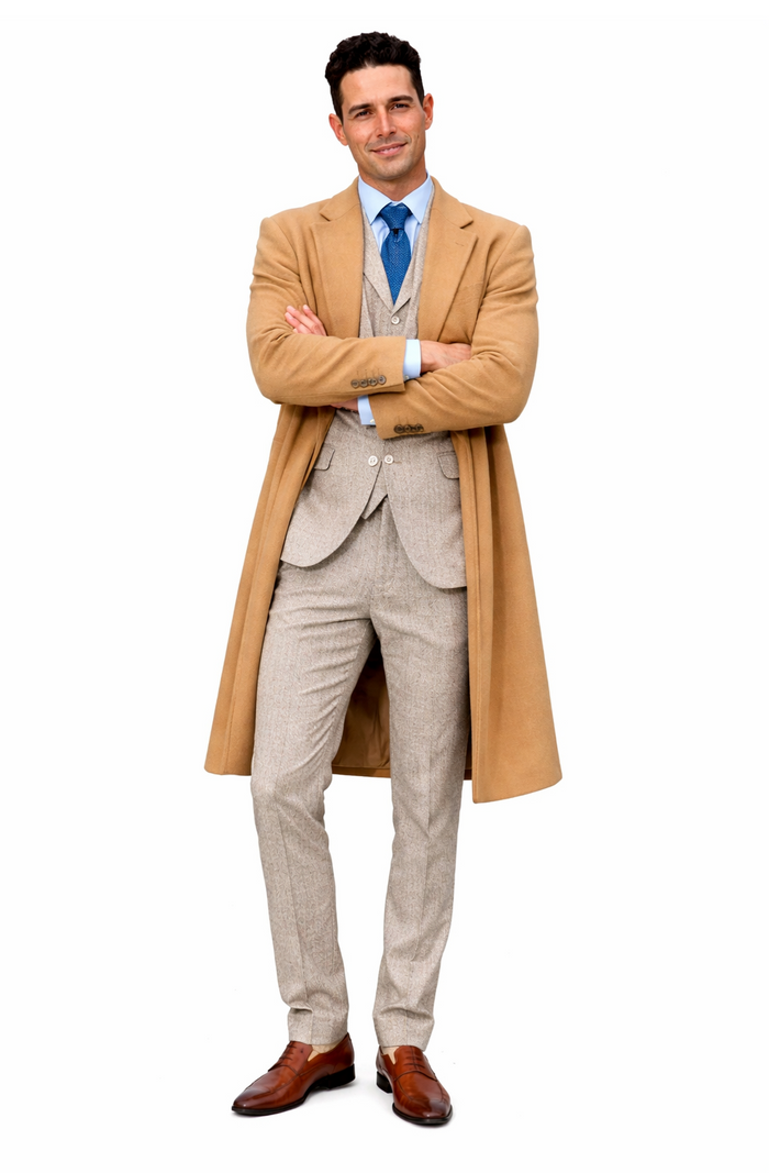 Great Gatsby Package -  Mens Camel Overcoat with Beige Tweed 3-Piece Suit Combo 4 Items Formal Winter Outfit