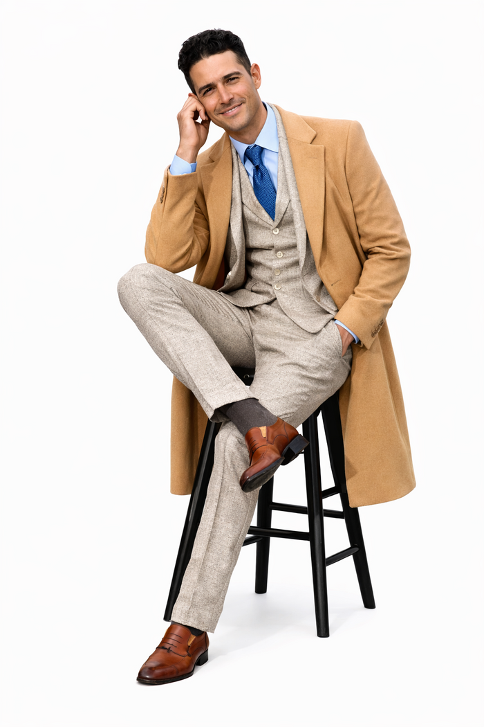 Great Gatsby Package -  Mens Camel Overcoat with Beige Tweed 3-Piece Suit Combo 4 Items Formal Winter Outfit