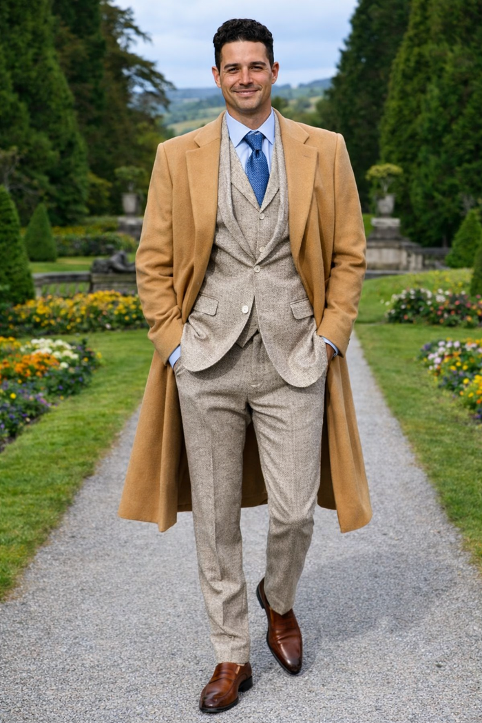 Great Gatsby Package -  Mens Camel Overcoat with Beige Tweed 3-Piece Suit Combo 4 Items Formal Winter Outfit