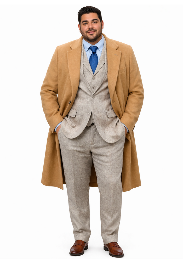 Great Gatsby Package -  Mens Camel Overcoat with Beige Tweed 3-Piece Suit Combo 4 Items Formal Winter Outfit
