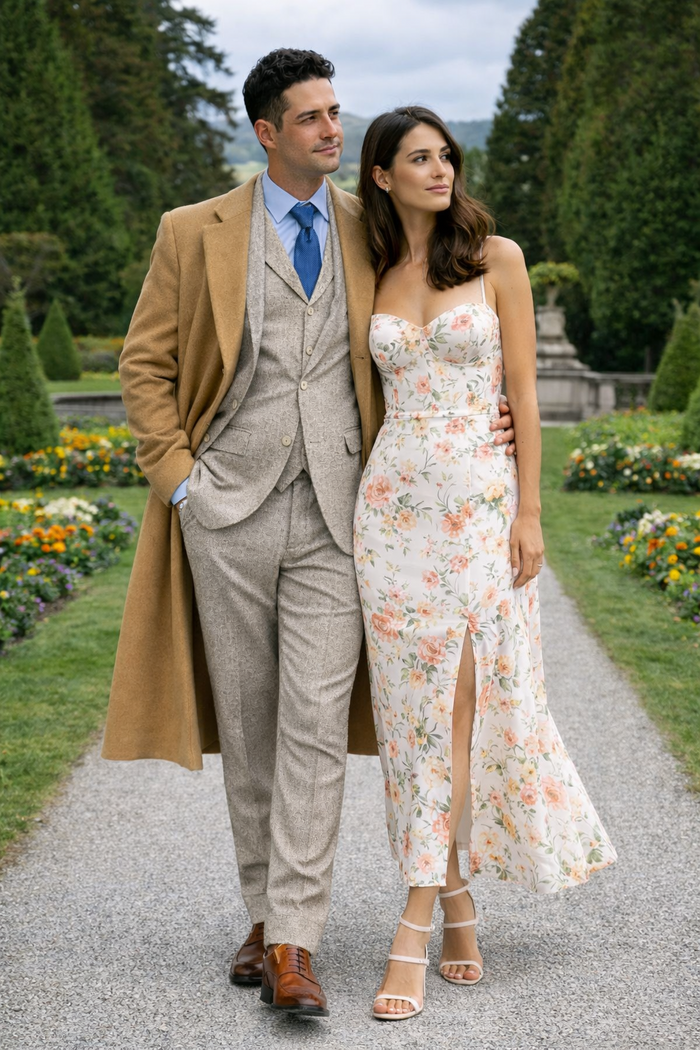 Great Gatsby Package -  Mens Camel Overcoat with Beige Tweed 3-Piece Suit Combo 4 Items Formal Winter Outfit