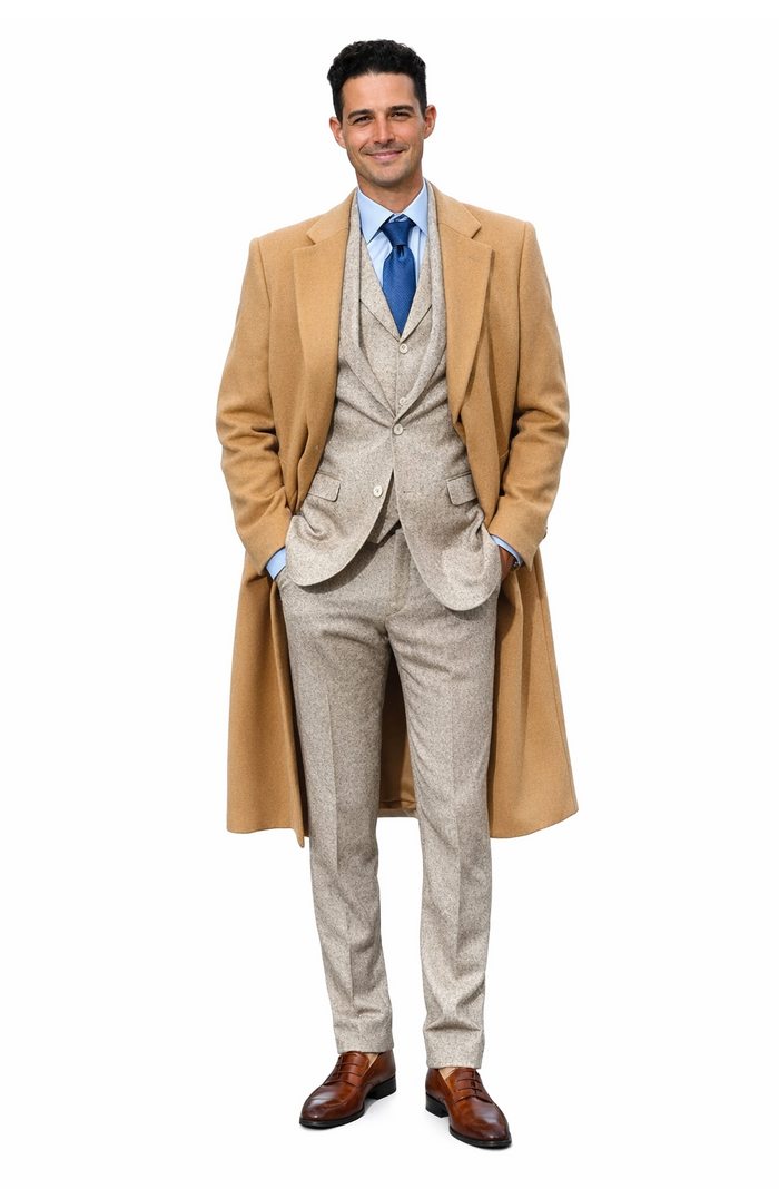 Great Gatsby Package -  Mens Camel Overcoat with Beige Tweed 3-Piece Suit Combo 4 Items Formal Winter Outfit