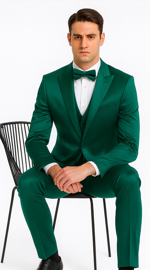 Elegant Green Satin Slim Fit 3 Piece Tazzio Men's Suit with Peak Lapel