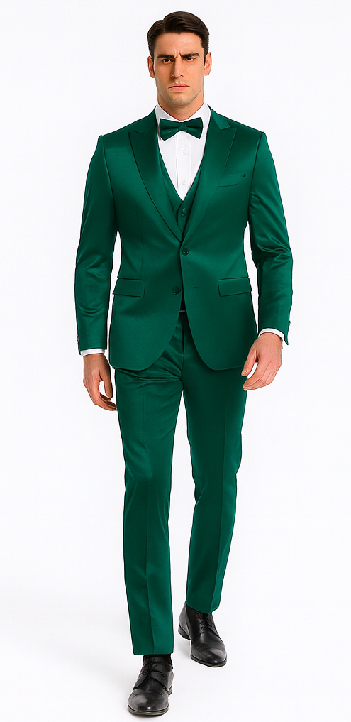 Elegant Green Satin Slim Fit 3 Piece Tazzio Men's Suit with Peak Lapel