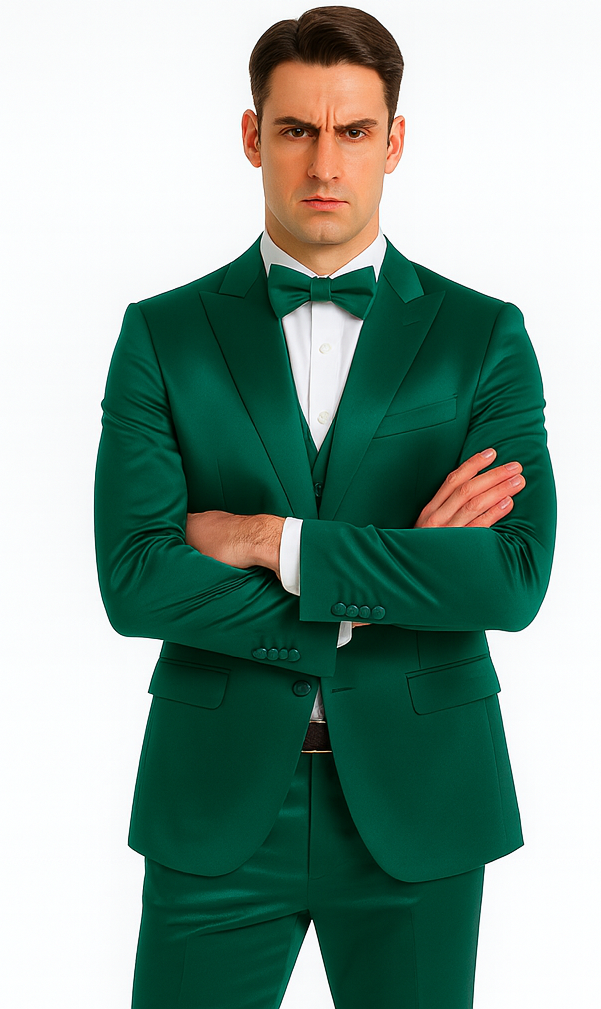 Elegant Green Satin Slim Fit 3 Piece Tazzio Men's Suit with Peak Lapel