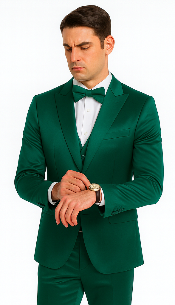 Elegant Green Satin Slim Fit 3 Piece Tazzio Men's Suit with Peak Lapel