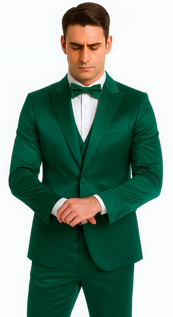 Elegant Green Satin Slim Fit 3 Piece Tazzio Men's Suit with Peak Lapel