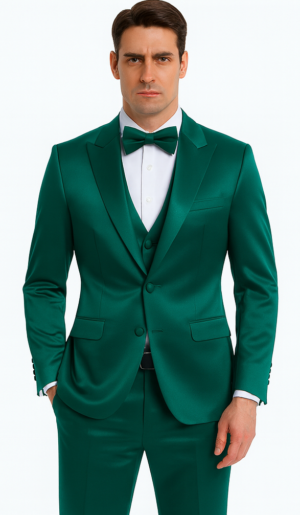 Elegant Green Satin Slim Fit 3 Piece Tazzio Men's Suit with Peak Lapel