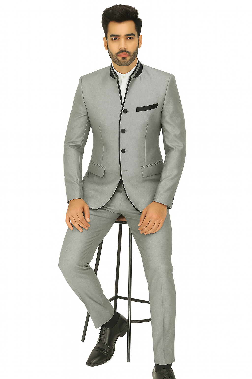 Mens 4 Button Mandarin Suit in Sharkskin Silver Grey with Black Trim