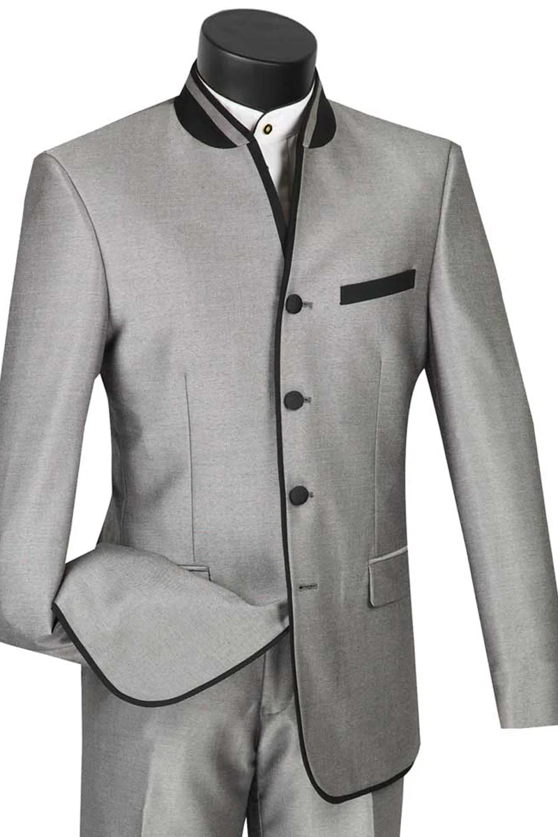 Mens Gray Tuxedo - Grey Wedding Suit-Mens 4 Button Mandarian Banded Trim Tuxedo  In Grey - Men's Tuxedo USA