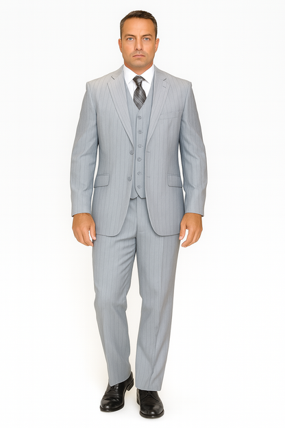 Mens Vested Gatsby Suit Pinstripe Grey Regular Fit Venetian