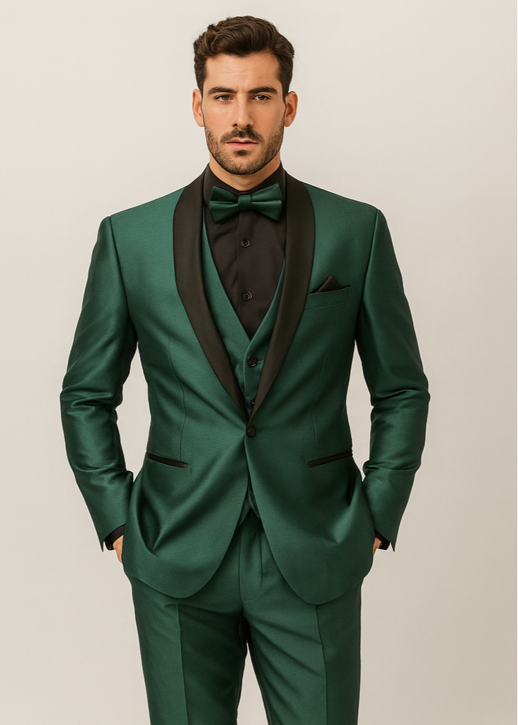 Green suit with black lapels and bow tie worn by a man on a plain background