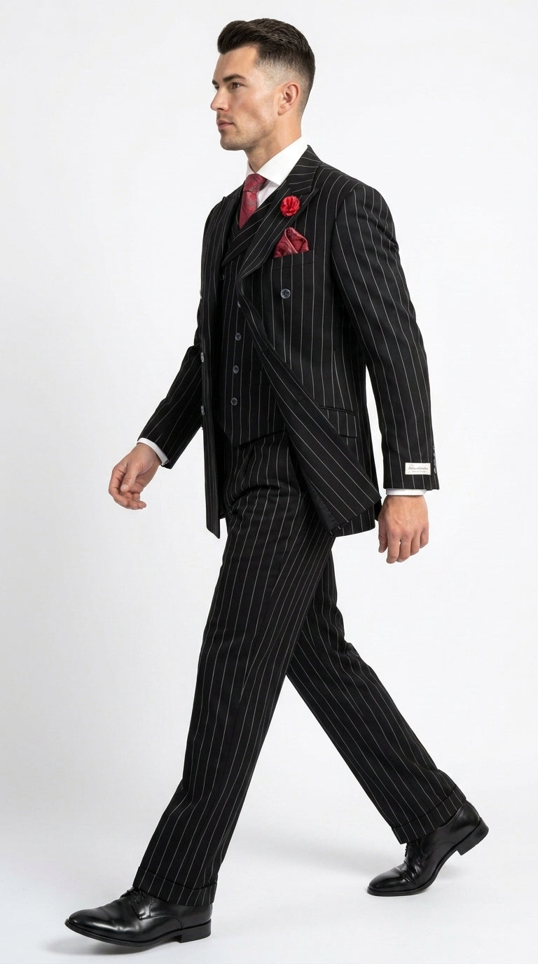 Harlem Nights Suits for Men by Tiglio – 100% Wool Double Breasted Black Pinstripe Vested Suit Wide Leg Pleated Pants Classic fit