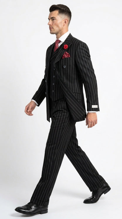 Harlem Nights Suits for Men by Tiglio – 100% Wool Double Breasted Black Pinstripe Vested Suit Wide Leg Pleated Pants Classic fit