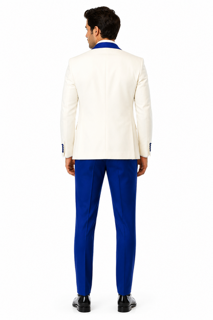 Hilton White and Royal Blue Paisley Peak Lapel Tuxedo Jacket with Matching Shawl Vest and Wool Pants  Includes Bow Tie