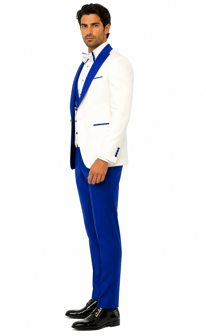 Hilton White and Royal Blue Paisley Peak Lapel Tuxedo Jacket with Matching Shawl Vest and Wool Pants  Includes Bow Tie