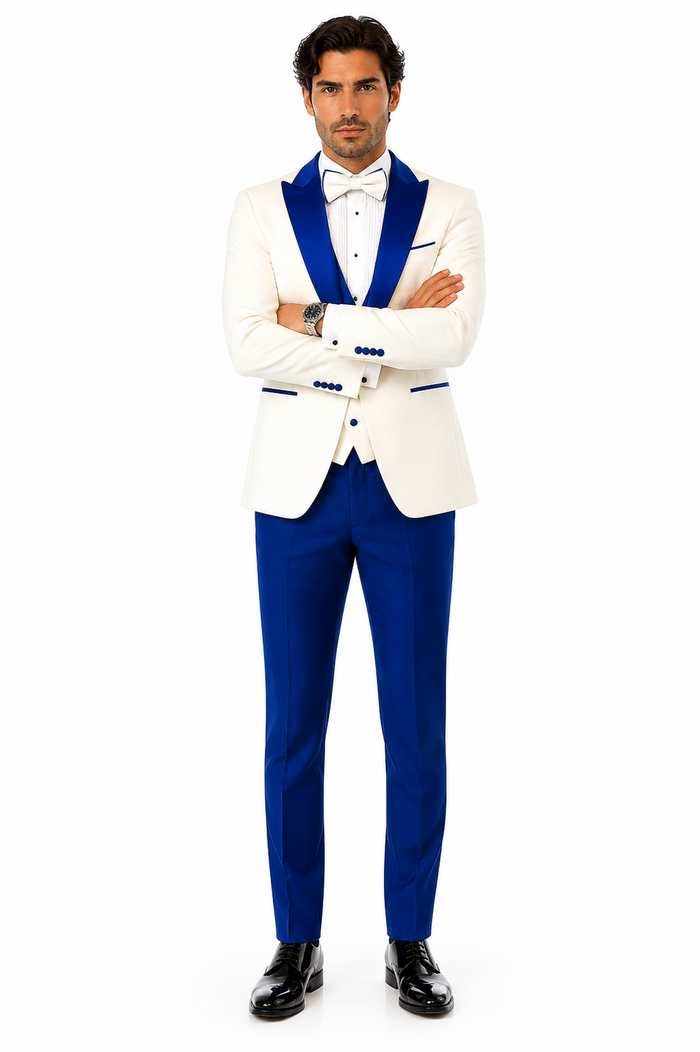 Hilton White and Royal Blue Paisley Peak Lapel Tuxedo Jacket with Matching Shawl Vest and Wool Pants  Includes Bow Tie