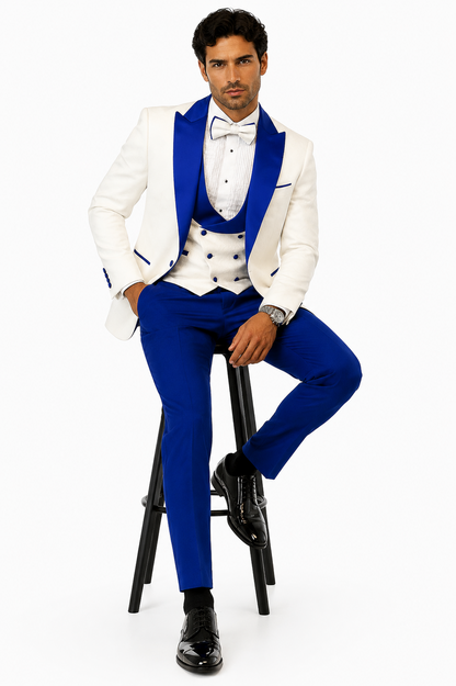 Hilton White and Royal Blue Paisley Peak Lapel Tuxedo Jacket with Matching Shawl Vest and Wool Pants  Includes Bow Tie
