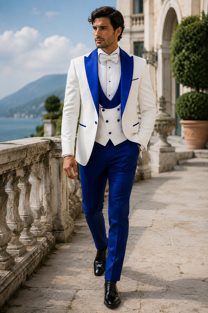 Hilton White and Royal Blue Paisley Peak Lapel Tuxedo Jacket with Matching Shawl Vest and Wool Pants  Includes Bow Tie